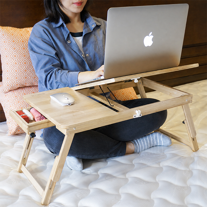 Contemporary Scandinavian Rectangular Bamboo Folding Laptop Desk With Adjustable Legs For Bedroom