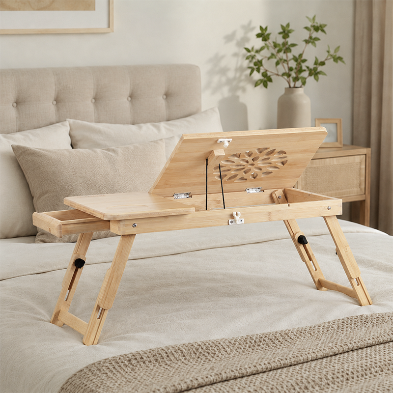 Contemporary Scandinavian Rectangular Bamboo Folding Laptop Desk With Adjustable Legs For Bedroom