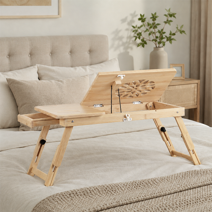 Contemporary Scandinavian Rectangular Bamboo Folding Laptop Desk With Adjustable Legs For Bedroom