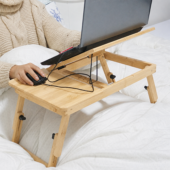 Contemporary Scandinavian Rectangular Bamboo Folding Laptop Desk With Adjustable Legs For Bedroom