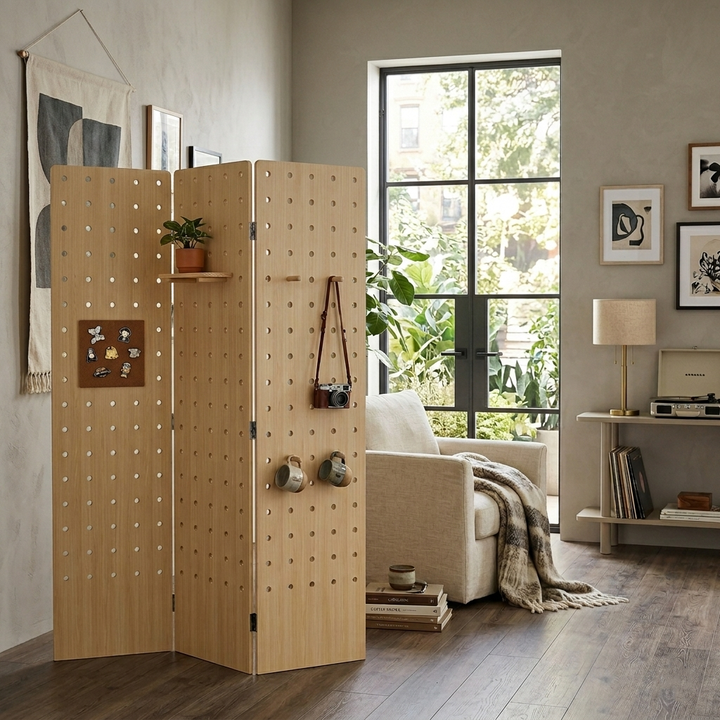 Contemporary Scandinavian Rectangular Curved Eco-Board Folding Room Divider For Living Room
