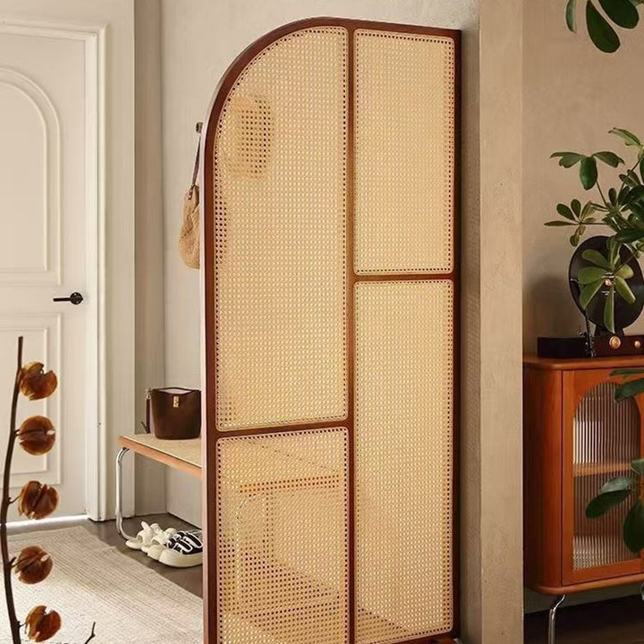 Traditional Japanese Curved Pine Wood PE Rattan Room Divider For Living Room