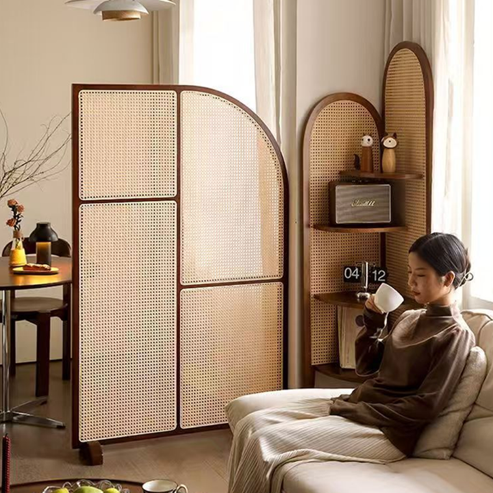 Traditional Japanese Curved Pine Wood PE Rattan Room Divider For Living Room