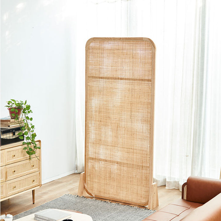 Traditional Japanese Rectangular Ash Wood Rattan Room Divider For Living Room
