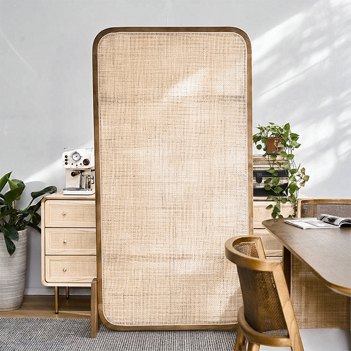 Traditional Japanese Rectangular Ash Wood Rattan Room Divider For Living Room