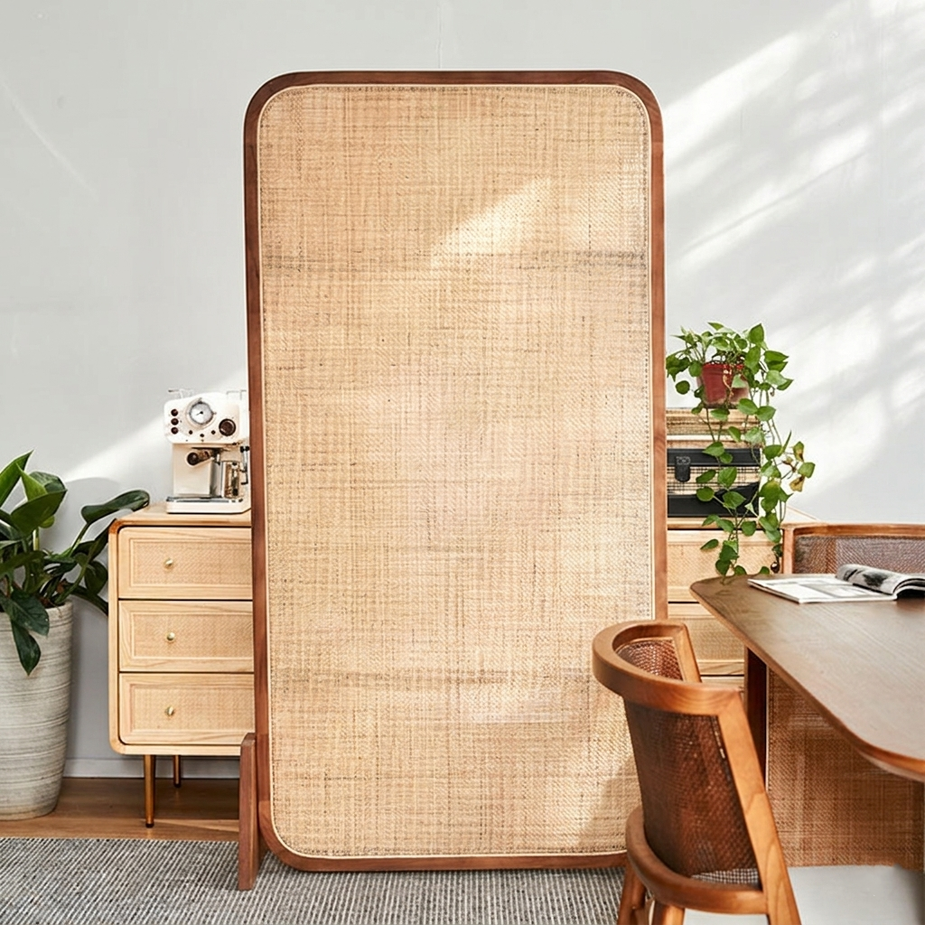 Traditional Japanese Rectangular Ash Wood Rattan Room Divider For Living Room