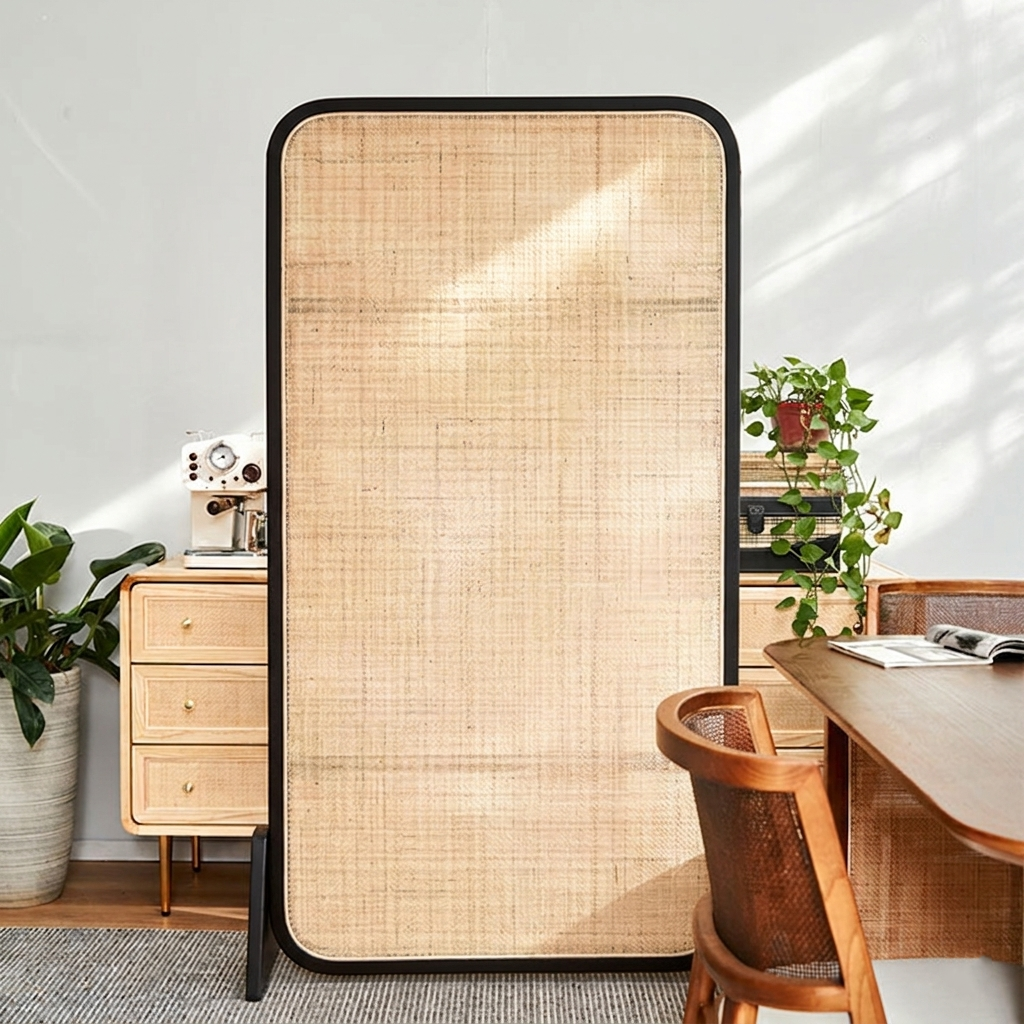 Traditional Japanese Rectangular Ash Wood Rattan Room Divider For Living Room
