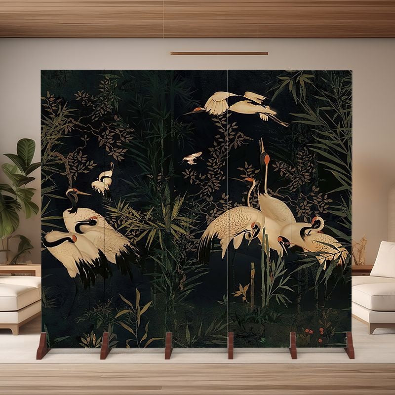 Traditional Chinese Rectangular Fabric Cedar Plywood Folding Room Divider 5-Panel For Living Room