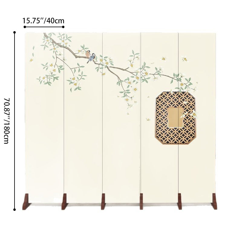 Traditional Chinese Rectangular Fabric Cedar Plywood Folding Room Divider 5-Panel For Living Room