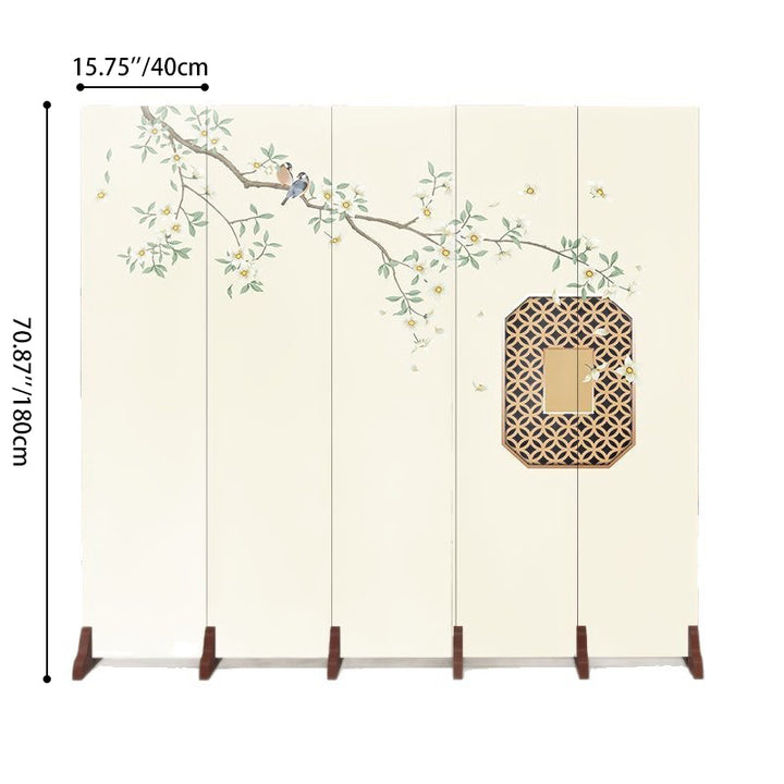 Traditional Chinese Rectangular Fabric Cedar Plywood Folding Room Divider 5-Panel For Living Room