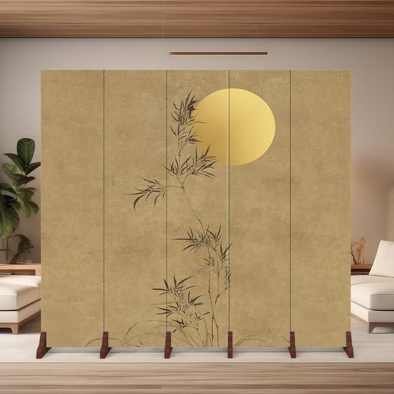 Traditional Chinese Rectangular Fabric Cedar Plywood Folding Room Divider 5-Panel For Living Room