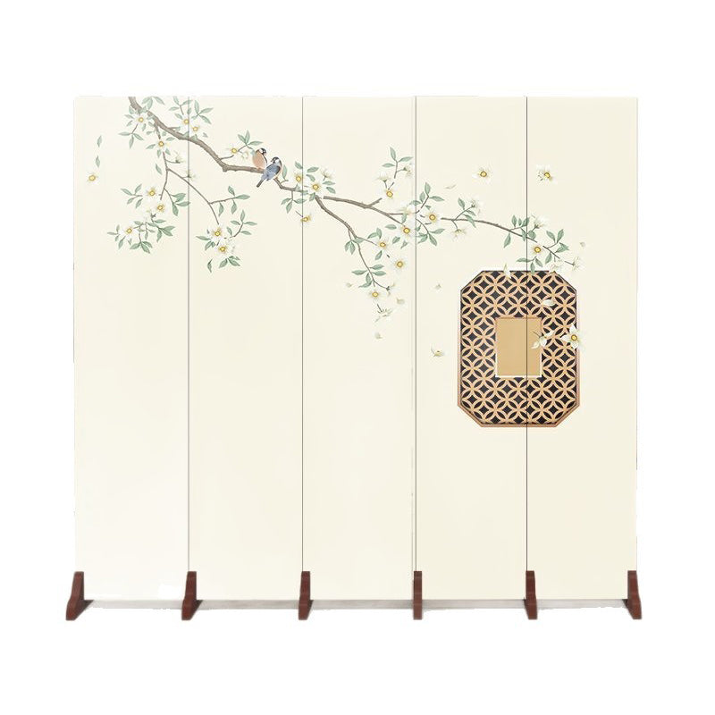 Traditional Chinese Rectangular Fabric Cedar Plywood Folding Room Divider 5-Panel For Living Room