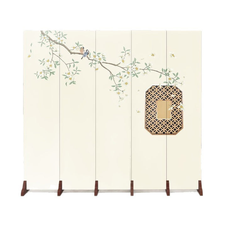 Traditional Chinese Rectangular Fabric Cedar Plywood Folding Room Divider 5-Panel For Living Room
