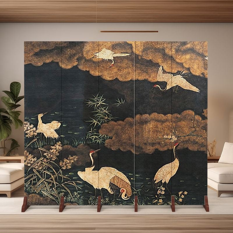 Traditional Chinese Rectangular Fabric Cedar Plywood Folding Room Divider 5-Panel For Living Room
