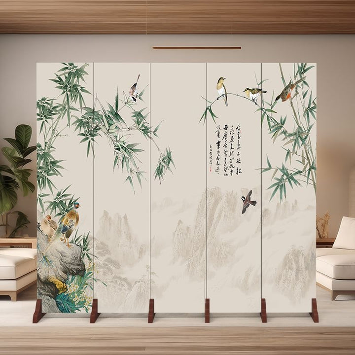 Traditional Chinese Rectangular Fabric Cedar Plywood Folding Room Divider 5-Panel For Living Room