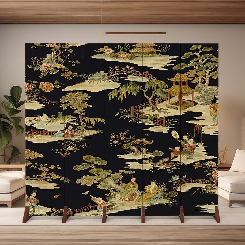 Traditional Chinese Rectangular Fabric Cedar Plywood Folding Room Divider 5-Panel For Living Room