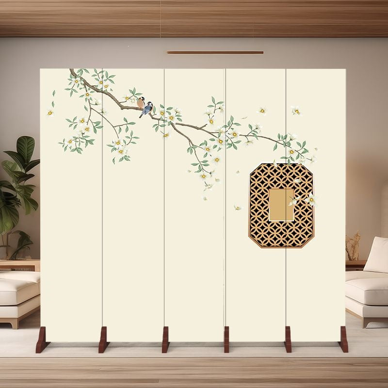 Traditional Chinese Rectangular Fabric Cedar Plywood Folding Room Divider 5-Panel For Living Room