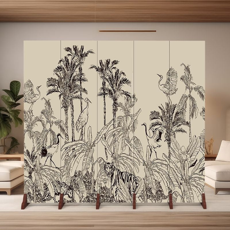 Traditional Chinese Rectangular Fabric Cedar Plywood Folding Room Divider 5-Panel For Living Room