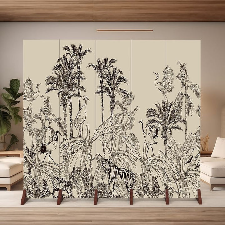 Traditional Chinese Rectangular Fabric Cedar Plywood Folding Room Divider 5-Panel For Living Room
