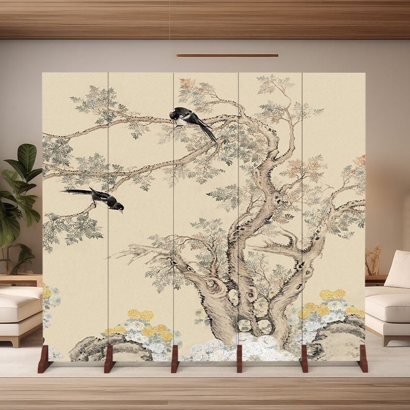 Traditional Chinese Rectangular Fabric Cedar Plywood Folding Room Divider 5-Panel For Living Room