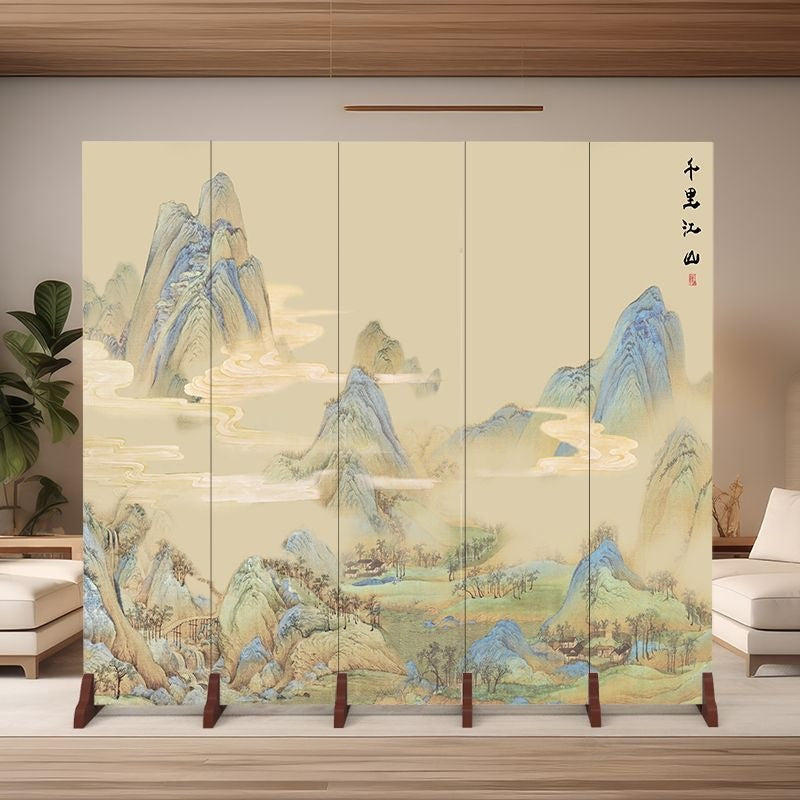Traditional Chinese Rectangular Fabric Cedar Plywood Folding Room Divider 5-Panel For Living Room