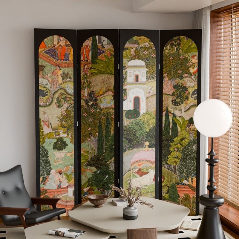 Traditional Vintage Flower Rectangular Fabric Cedar Plywood Folding Room Divider 4-Panel For Living Room