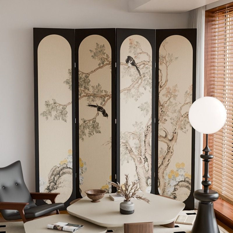 Traditional Vintage Flower Rectangular Fabric Cedar Plywood Folding Room Divider 4-Panel For Living Room