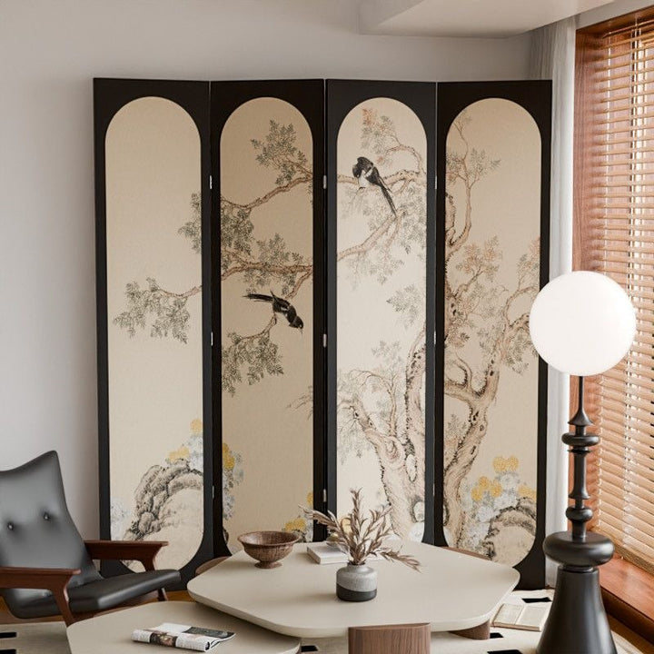 Traditional Vintage Flower Rectangular Fabric Cedar Plywood Folding Room Divider 4-Panel For Living Room