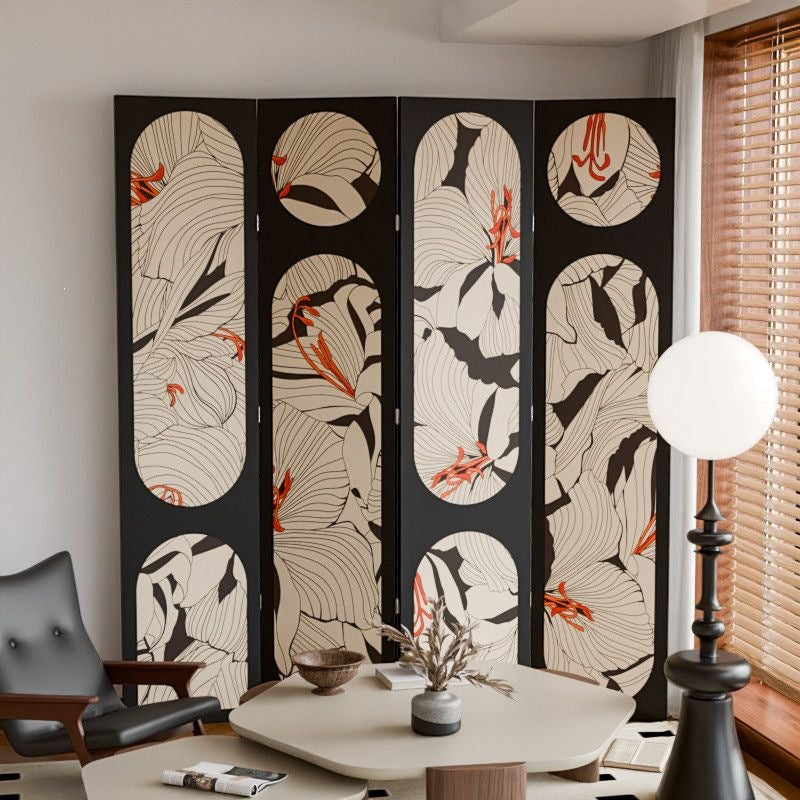 Traditional Vintage Flower Rectangular Fabric Cedar Plywood Folding Room Divider 4-Panel For Living Room