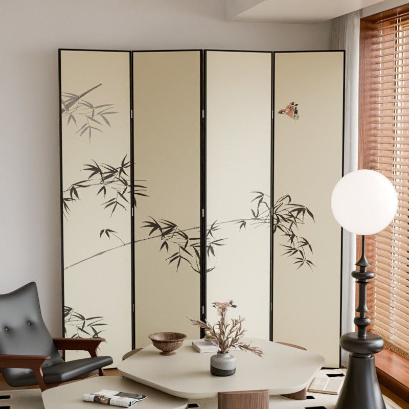 Traditional Vintage Flower Rectangular Fabric Cedar Plywood Folding Room Divider 4-Panel For Living Room