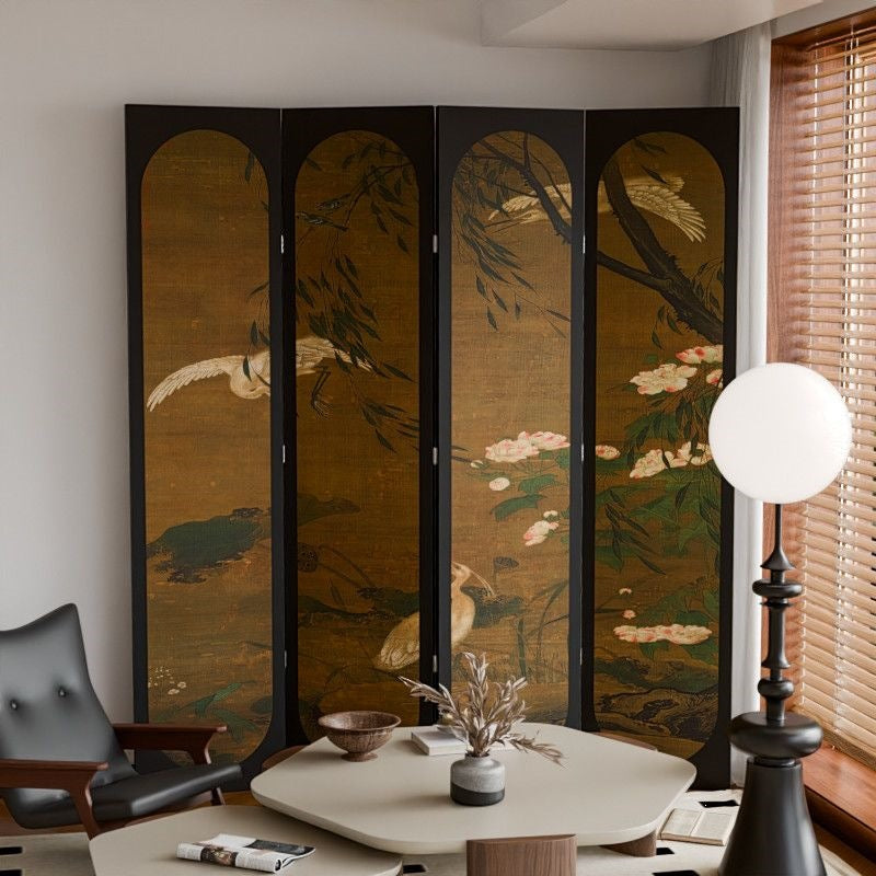 Traditional Vintage Flower Rectangular Fabric Cedar Plywood Folding Room Divider 4-Panel For Living Room