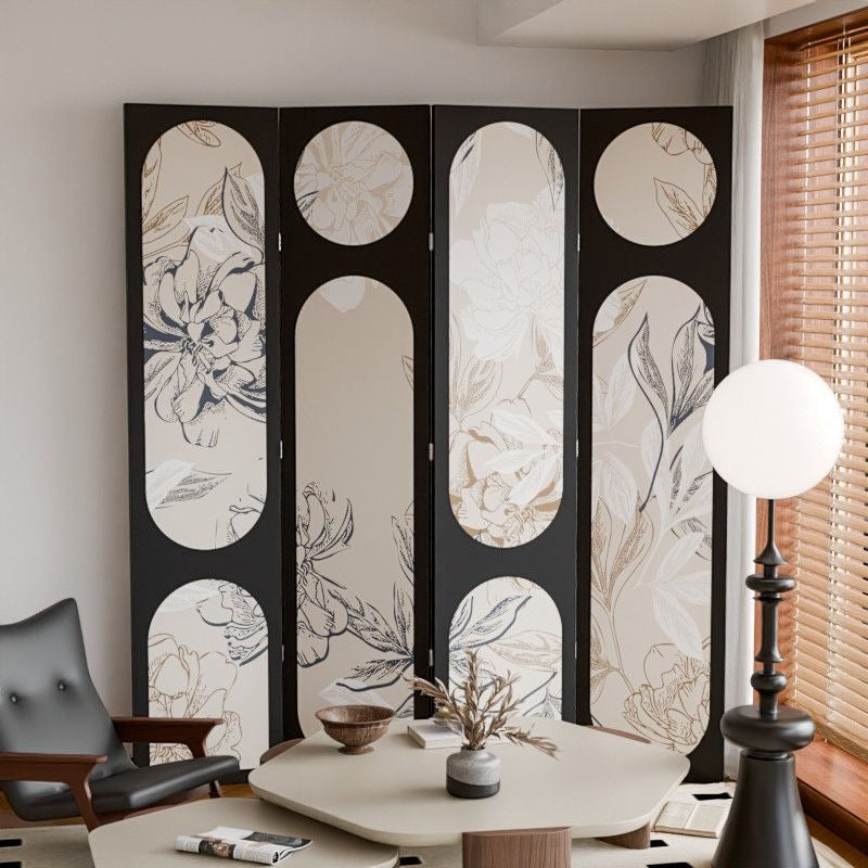 Traditional Vintage Flower Rectangular Fabric Cedar Plywood Folding Room Divider 4-Panel For Living Room