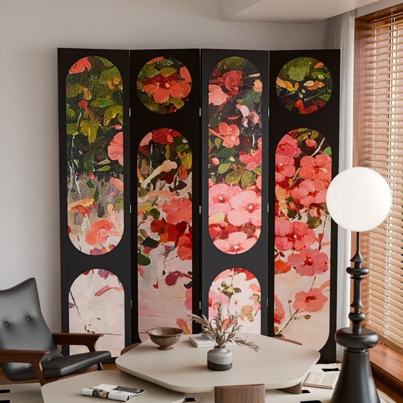 Traditional Vintage Flower Rectangular Fabric Cedar Plywood Folding Room Divider 4-Panel For Living Room