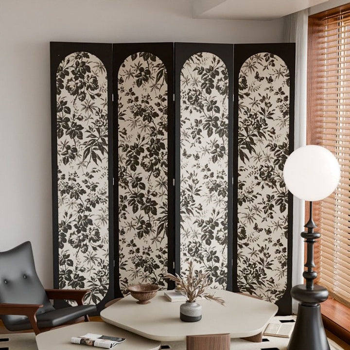 Traditional Vintage Flower Rectangular Fabric Cedar Plywood Folding Room Divider 4-Panel For Living Room