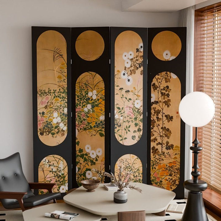 Traditional Vintage Flower Rectangular Fabric Cedar Plywood Folding Room Divider 4-Panel For Living Room