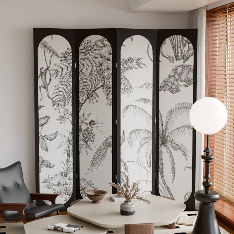Traditional Vintage Flower Rectangular Fabric Cedar Plywood Folding Room Divider 4-Panel For Living Room