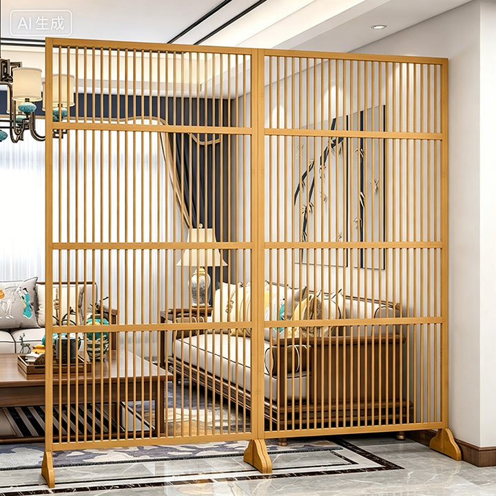 Traditional Chinese Rectangular Bamboo 2-Tier Storage Shelf Room Divider For Living Room
