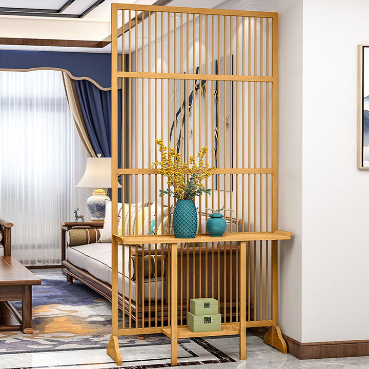 Traditional Chinese Rectangular Bamboo 2-Tier Storage Shelf Room Divider For Living Room