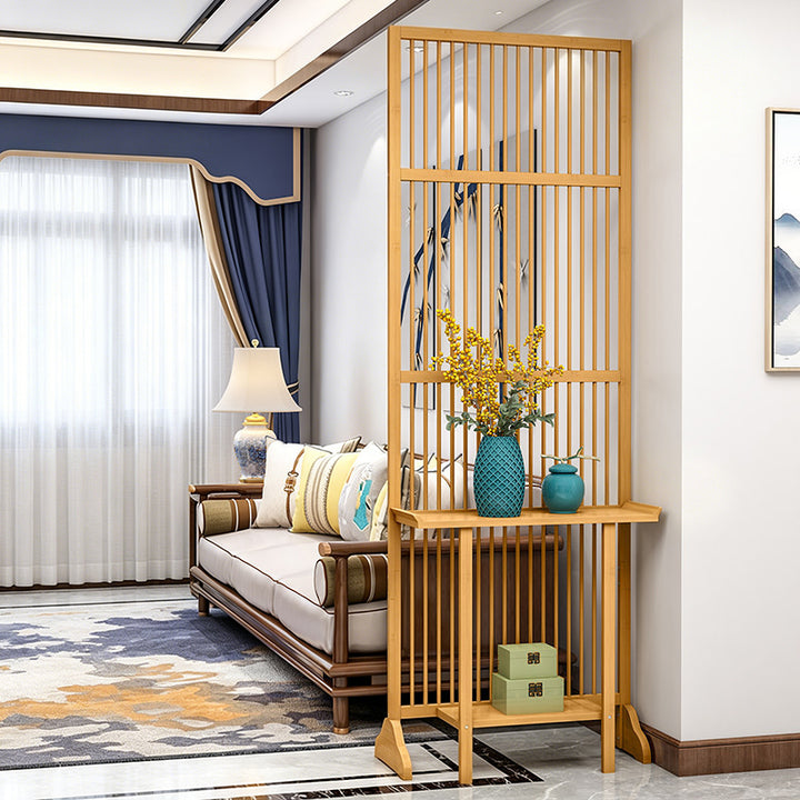 Traditional Chinese Rectangular Bamboo 2-Tier Storage Shelf Room Divider For Living Room
