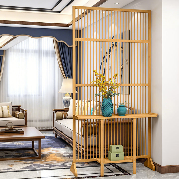 Traditional Chinese Rectangular Bamboo 2-Tier Storage Shelf Room Divider For Living Room