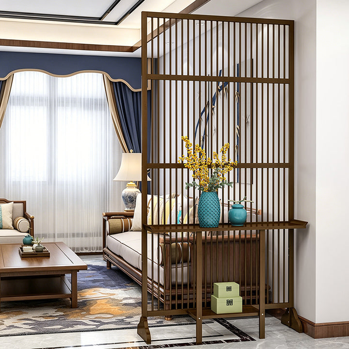 Traditional Chinese Rectangular Bamboo 2-Tier Storage Shelf Room Divider For Living Room