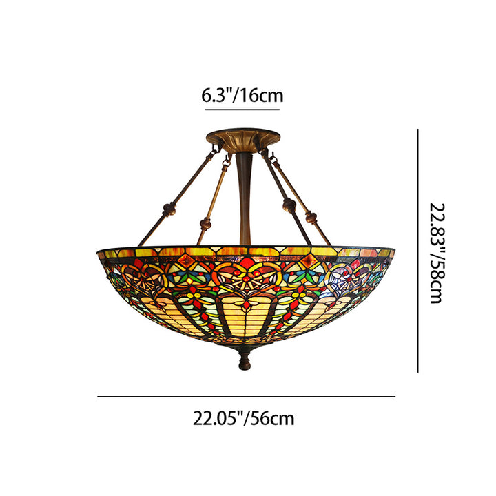 Traditional Tiffany Round Dome Zinc Alloy Stained Glass Iron 3-Light Chandelier For Living Room