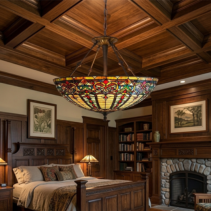 Traditional Tiffany Round Dome Zinc Alloy Stained Glass Iron 3-Light Chandelier For Living Room