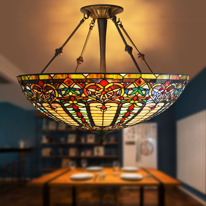 Traditional Tiffany Round Dome Zinc Alloy Stained Glass Iron 3-Light Chandelier For Living Room