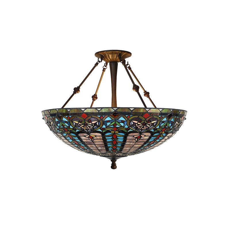 Traditional Tiffany Round Dome Zinc Alloy Stained Glass Iron 3-Light Chandelier For Living Room