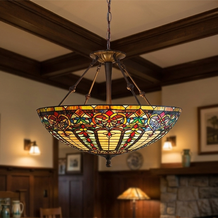 Traditional Tiffany Round Dome Zinc Alloy Stained Glass Iron 3-Light Chandelier For Living Room