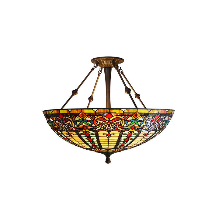 Traditional Tiffany Round Dome Zinc Alloy Stained Glass Iron 3-Light Chandelier For Living Room
