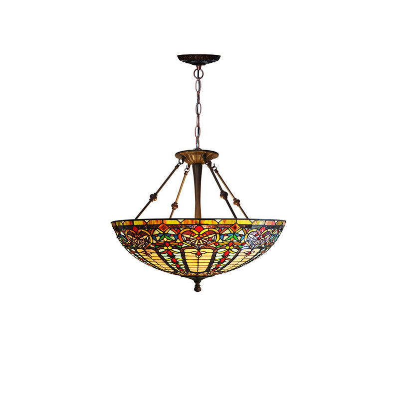 Traditional Tiffany Round Dome Zinc Alloy Stained Glass Iron 3-Light Chandelier For Living Room