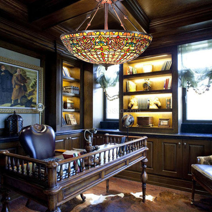 Traditional Tiffany Round Dome Zinc Alloy Stained Glass Iron 3-Light Chandelier For Living Room