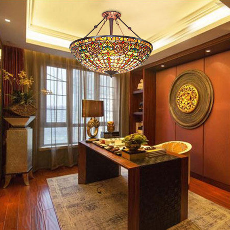 Traditional Tiffany Round Dome Zinc Alloy Stained Glass Iron 3-Light Chandelier For Living Room